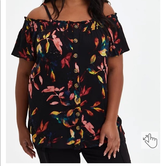 Torrid Smocked Cold Shoulder Black Leaf Top 3X - Picture 2 of 6